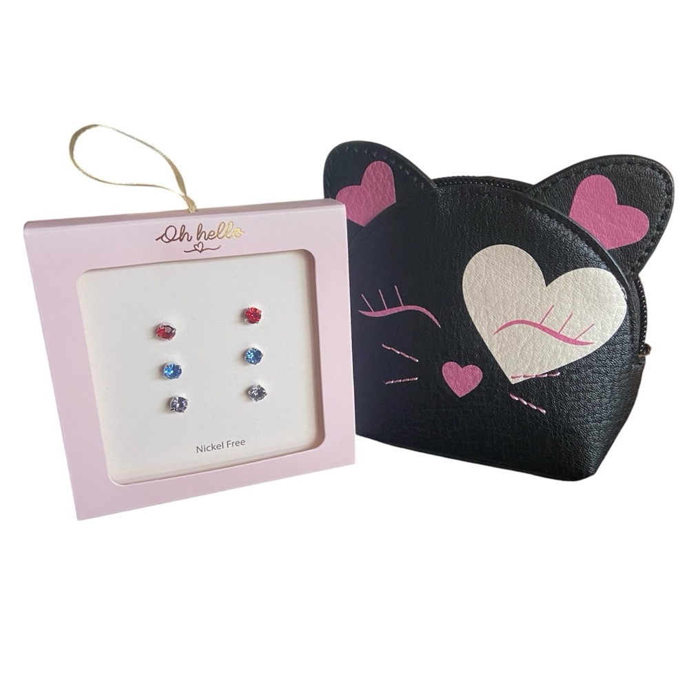 NWOT Lauren Conrad Heart Black Pink Sleeping Cat Coin Purse Wallet + Free Gift